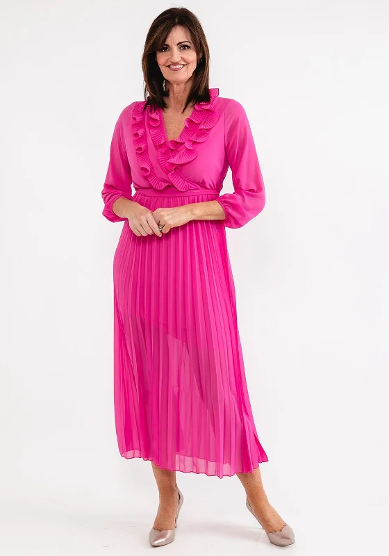 Halterneck dress – Dress with straps that tie around the neck, leaving the shoulders and back exposed.Seventy1 One Size Ruffle Pleated Chiffon Dress, Pink