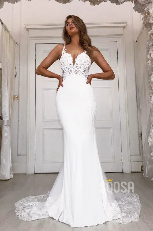 Halterneck dress – Dress with straps that tie around the neck, leaving the shoulders and back exposed.Sheath/Column Wedding Dress Chic Lace Appliques Bohemian Wedding Gowns QW2109