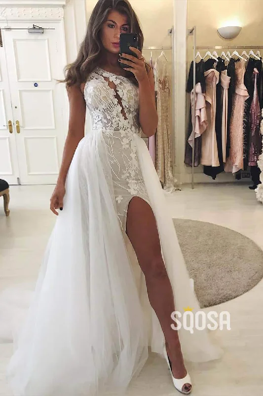 Boho dress – Dress with a relaxed, bohemian style, often featuring flowing fabric, ethnic prints, or vintage details.Sheath/Column Wedding Dress One Shoulder Chic Applqiues Wedding Gowns with Slit QW0951