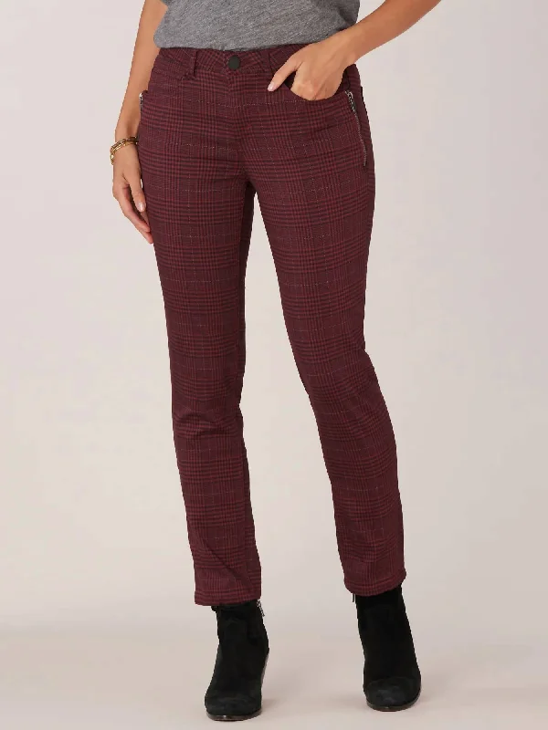 Bootcut trousers – Slightly flared at the bottom, designed to accommodate boots underneath.Side Zip Syrah Vintage Skinny Jeans In Burgundy Black Plaid