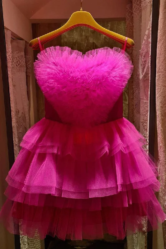 Halterneck dress – Dress with straps that tie around the neck, leaving the shoulders and back exposed.Sweetheart Hot Pink Ruffle Layered Short Homecoming Dress