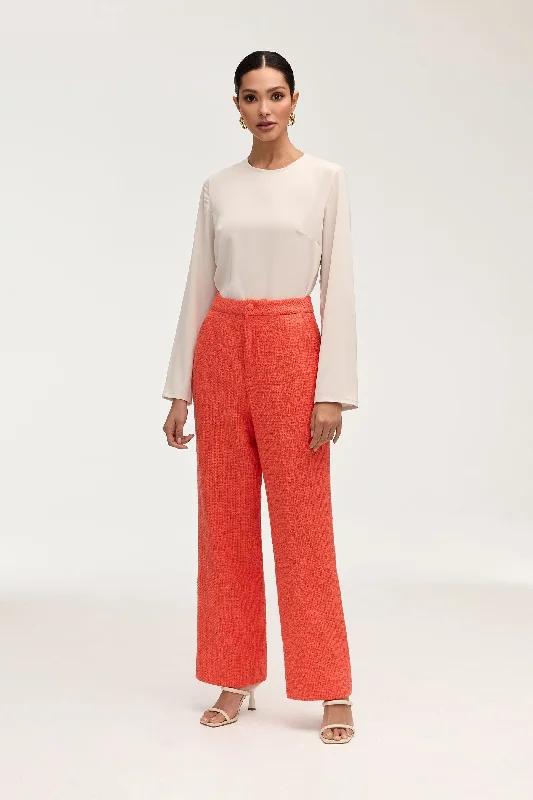 Tuxedo trousers – Formal trousers, often part of a tuxedo set, usually black with a satin stripe down the side.Theya Tweed Wide Leg Pants - Papaya