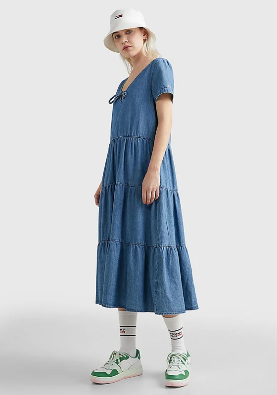 Wrap dress – Dress that wraps around the body and ties at the waist, creating a flattering and adjustable fit.Tommy Jeans Womens Chambray Denim Midi Dress, Medium Denim