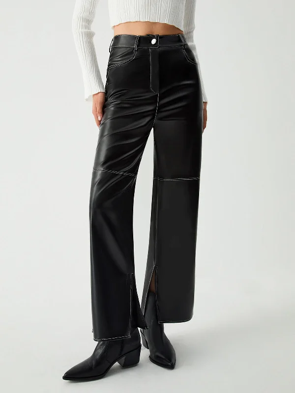 Wide-waistband trousers – Trousers with a thick waistband, often providing a more structured or comfortable fit.BerryBetty - Triggered Leather Slit Pants