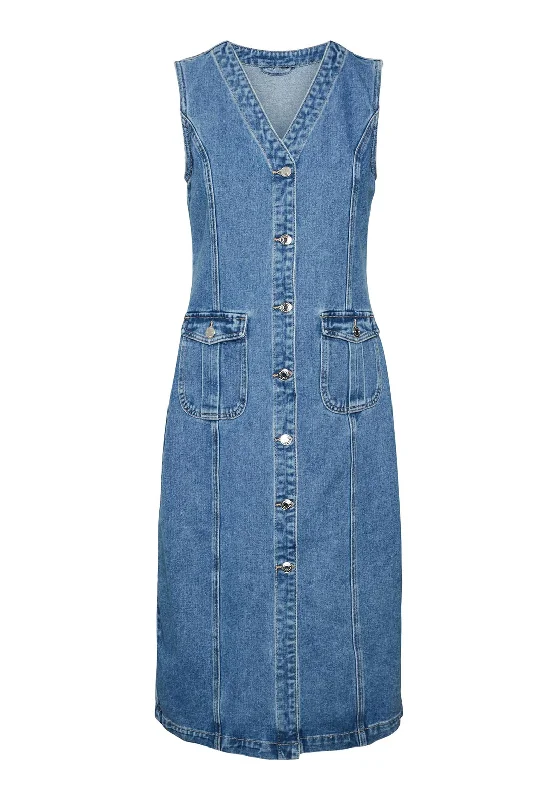 Empire waist dress – Dress with a high waistline, just under the bust, for a flattering silhouette.Vero Moda Eden Midi Denim Dress, Mid-Wash Denim