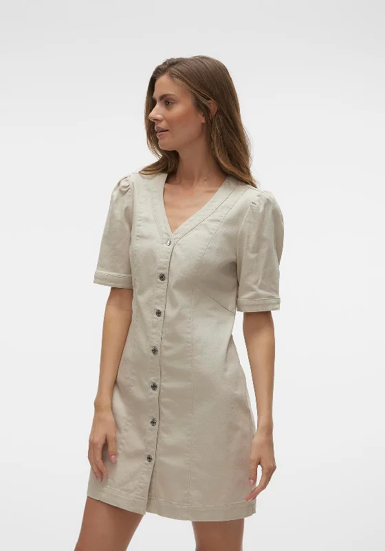 Off-the-shoulder dress – Dress with sleeves or straps that sit below the shoulders, exposing the upper arms.Vero Moda Wild Gena Denim Dress, Pumice Stone