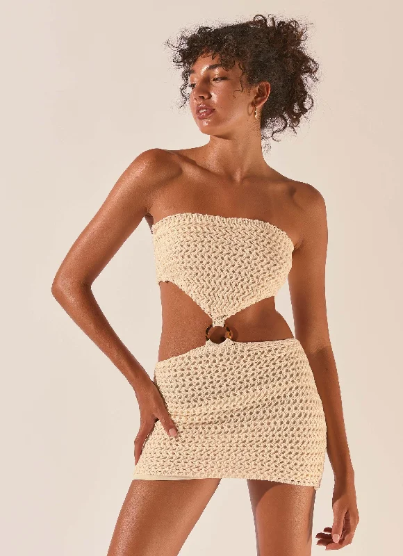 High-waisted skirt – Skirt that sits above the natural waistline, creating a flattering silhouette.Balmy Nights Crochet Mini Dress - Seashell