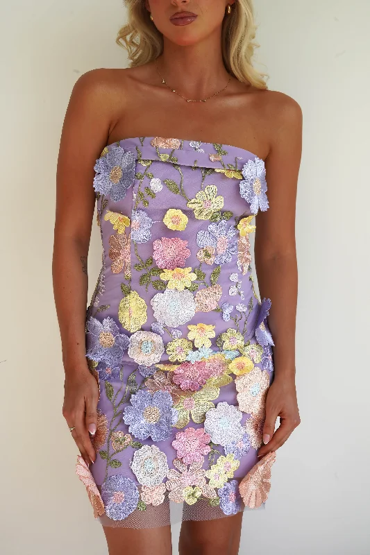 Pencil skirt – Tight-fitting skirt that hugs the body and usually falls to or just below the knee.Bellflower 3D Floral Mini Dress | Lilac