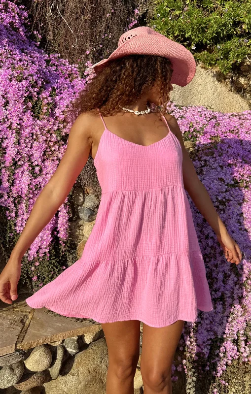 Skater skirt – Flared skirt that is fitted at the waist and flares out, resembling the shape of a skating skirt.Caroline Mini Dress ~ Bubblegum Gauze