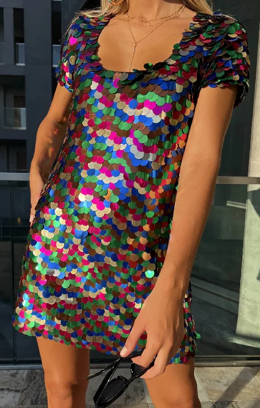 Pencil skirt with slit – A pencil skirt that includes a slit at the back or side, adding a more sophisticated or sexy element.Emi Mini Dress ~ Rainbow Sequins