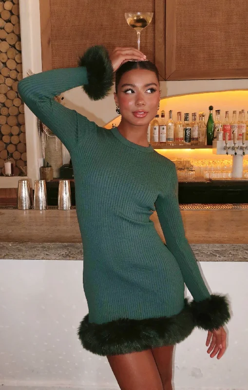 Pencil skirt – Tight-fitting skirt that hugs the body and usually falls to or just below the knee.Fran Mini Dress ~ Emerald Knit with Faux Fur