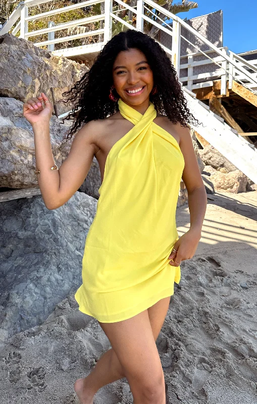 Skater skirt – Flared skirt that is fitted at the waist and flares out, resembling the shape of a skating skirt.Jasmine Halter Mini Dress ~ Bright Yellow