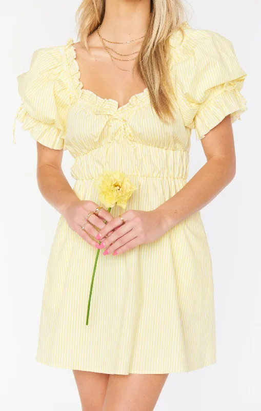 Belted skirt – Skirt that includes a belt at the waist for added detail and definition.Leigh Mini Dress ~ Yellow Duckie Stripe