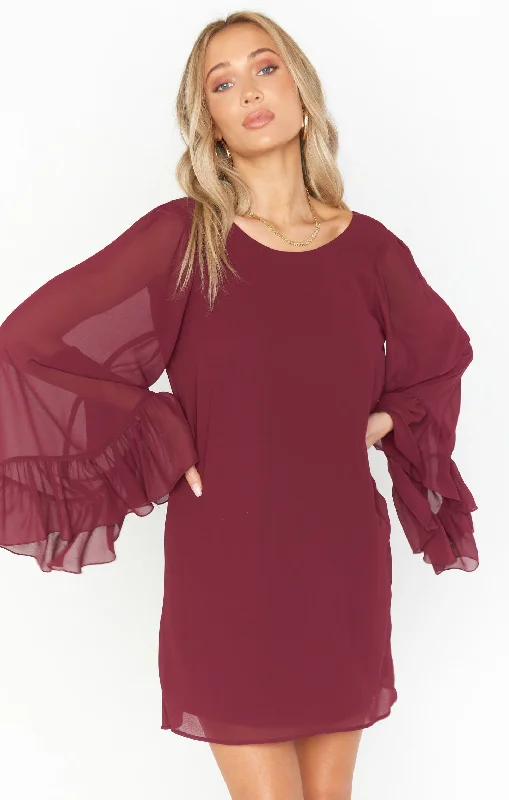 High-waisted skirt – Skirt that sits above the natural waistline, creating a flattering silhouette.Matilda Mini Dress ~ Cabernet Chiffon