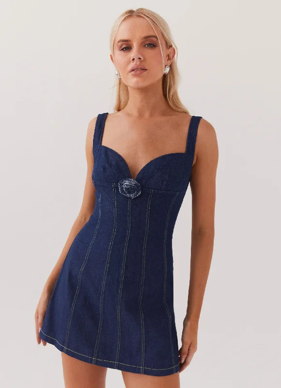 A-line skirt – Skirt that is fitted at the hips and gradually flares out toward the hem.Rosalia Denim Mini Dress - Indigo