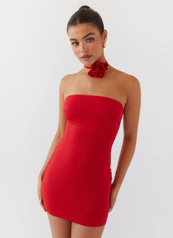 Tiered skirt – Skirt made from multiple layers or tiers of fabric, creating a ruffled or flowing appearance.Ruby Glamour Rose Mini Dress - Rouge Red