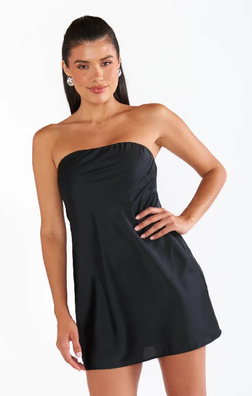 A-line skirt – Skirt that is fitted at the hips and gradually flares out toward the hem.Taylor Tube Mini Dress ~ Black Luxe Satin