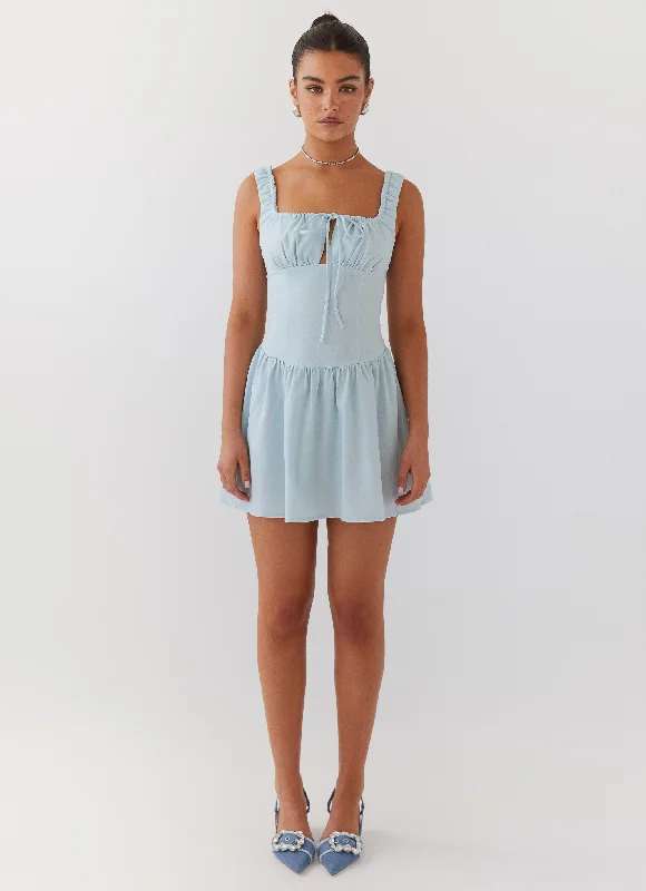 Denim skirt – Skirt made from denim fabric, often casual and versatile.Velvet Skies Linen Mini Dress - Powder Blue