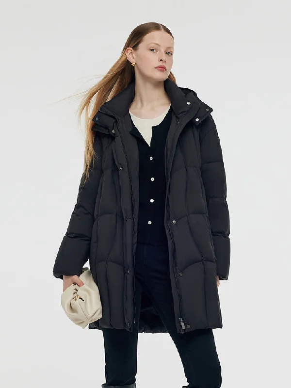 Quilted – Sewn in a pattern, often used for insulationBlack Hooded Goose Down Coat