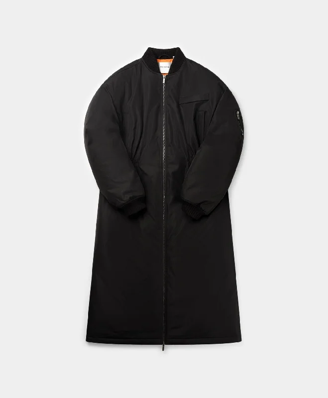 Quilted – Sewn in a pattern, often used for insulationBlack Oversized Long Bomber