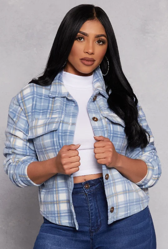 Oversized – Loose, relaxed fitFleece Plaid Button Front Shacket