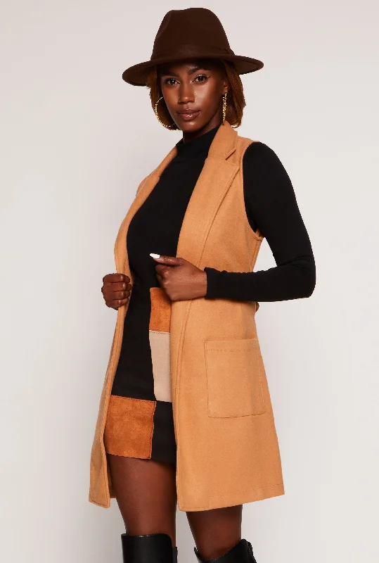 Puffer – Quilted jacket with insulation, often filled with down or synthetic materialFaux Suede Sleeveless Tie Waist Wrap Coat