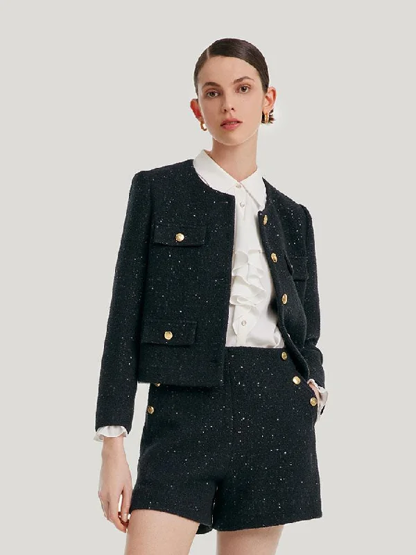 Down-filled – Filled with down feathers for insulationElegant Black Tweed Cropped Women Jacket