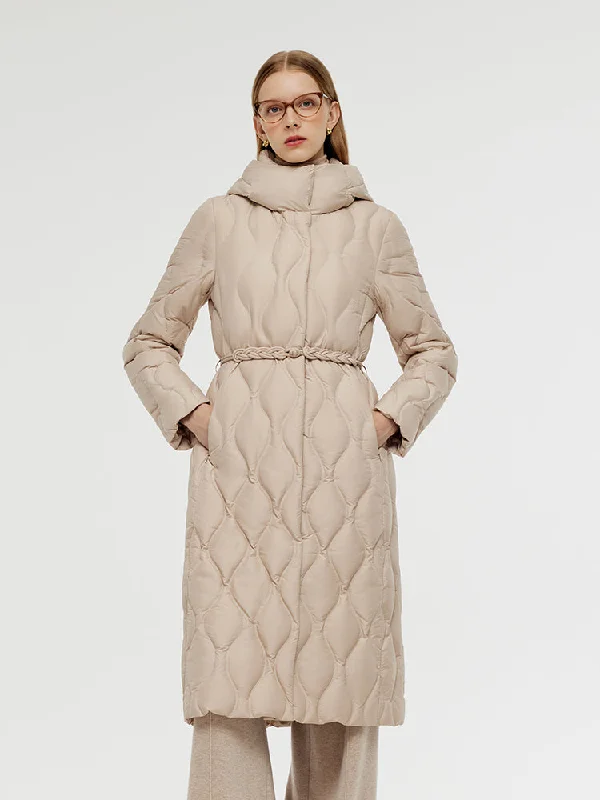 Double-breasted – Two rows of buttons for a stylish, structured lookGathered Waist Long Goose Down Coat With Belt