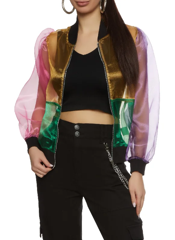 Stretch – Stretchy fabric for comfort and flexibilityColor Block Organza Bomber Jacket