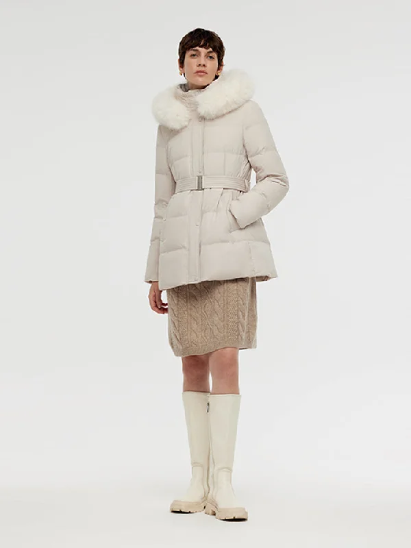 Reversible – Can be worn inside out, two looks in oneHooded Gathered Waist Goose Down Coat With Belt