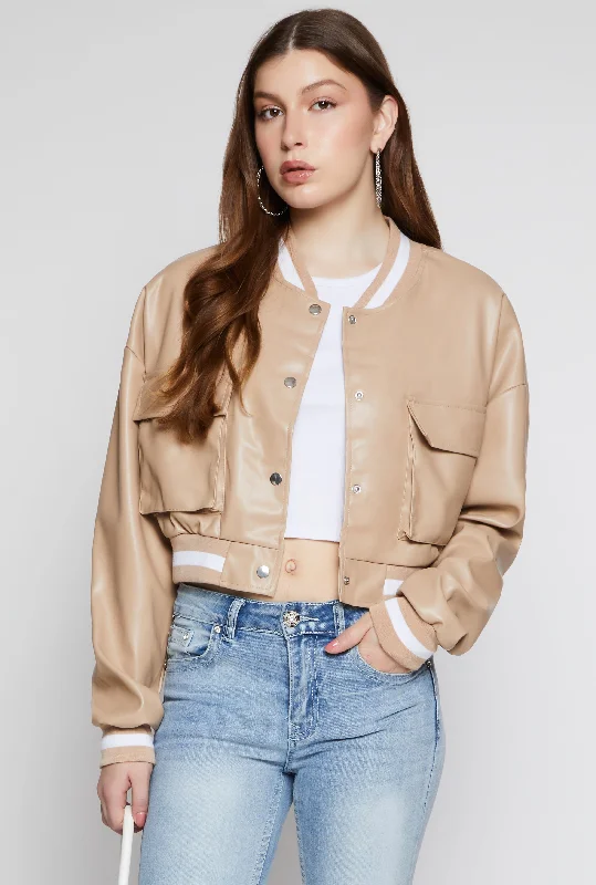 Warm – Insulated, cozyFaux Leather Cargo Cropped Bomber Jacket