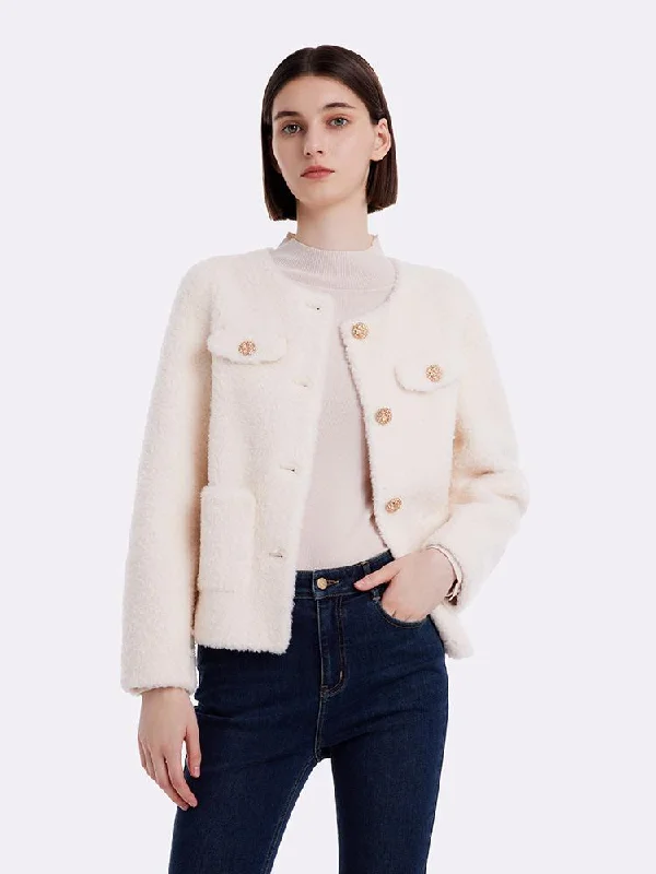 Herringbone – A distinct V-shaped woven patternLamb Wool Round Neck Crop Women Coat