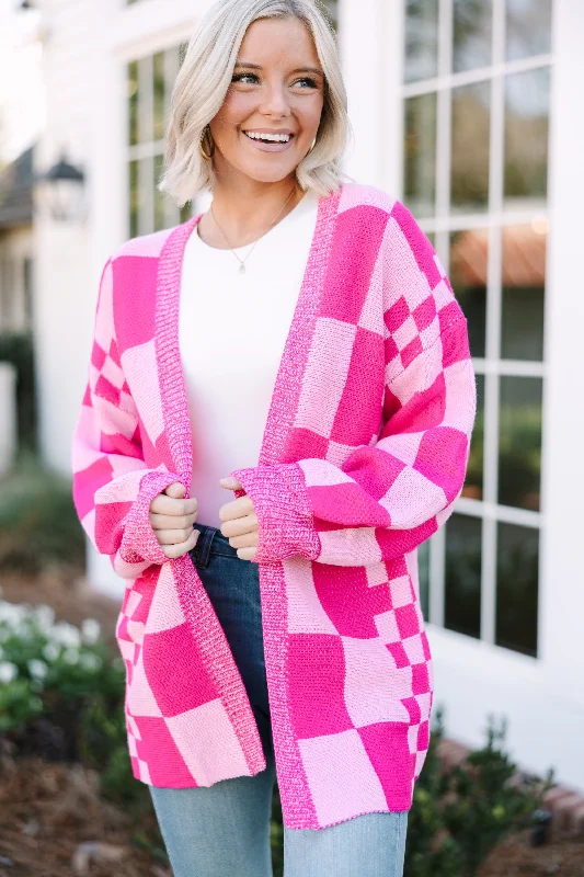 Cropped – Short in length, above the waistMake Your Day Hot Pink Checkered Cardigan