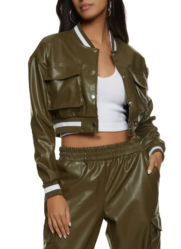 Zipper closure – With zippers, zip-upFaux Leather Pocket Detail Bomber Jacket