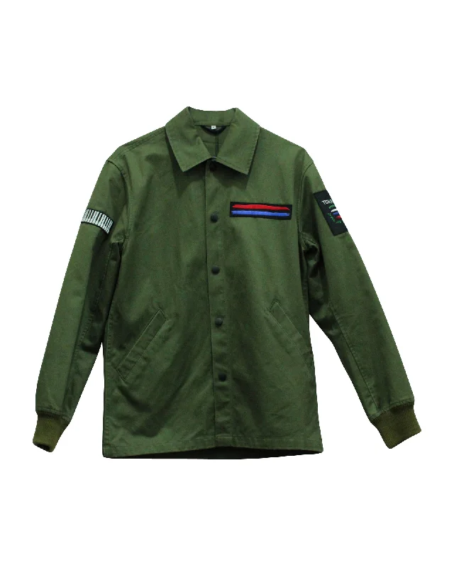 Biker-style – Leather or faux-leather, rugged designOpening Ceremony Symphony Patch Coach Jacket in Green Cotton