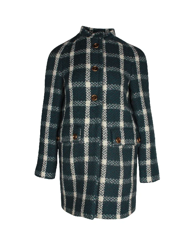 Herringbone – A distinct V-shaped woven patternPrada Checkered Coat in Blue Green Wool