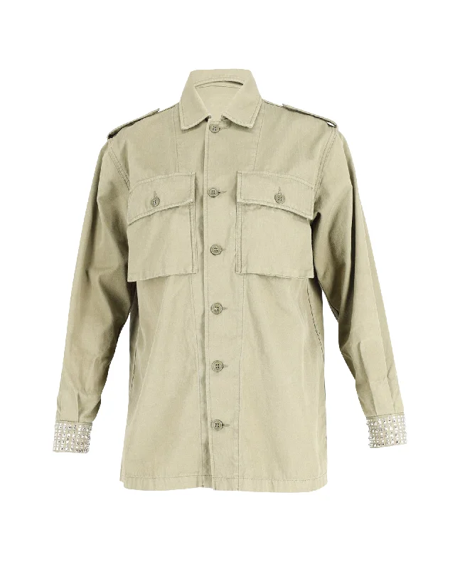 Quilted – Sewn in a pattern, often used for insulationSaint Laurent Embellished Cuff Military Jacket in Light Khaki Cotton