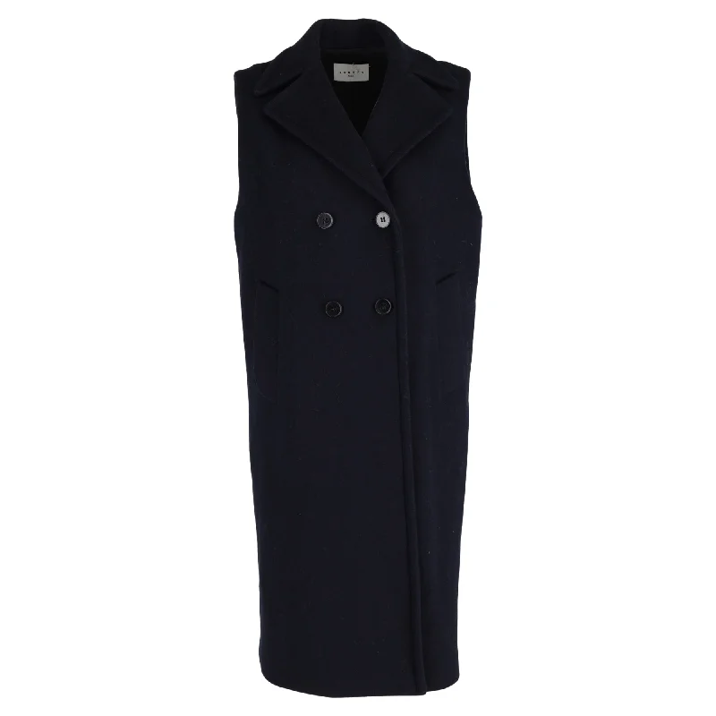 Oversized – Loose, relaxed fitSandro Paris Double-Breasted Sleeveless Coat in Navy Blue Wool