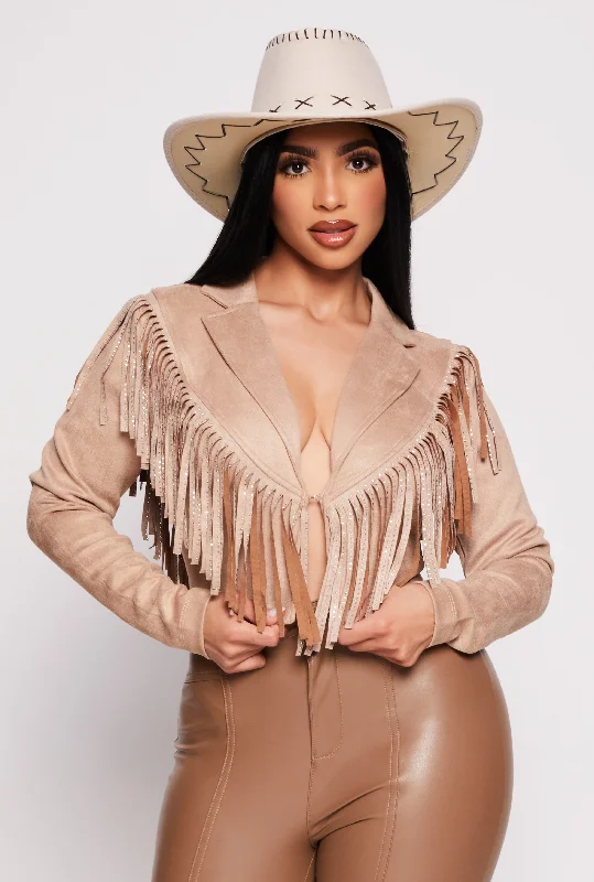 Double-breasted – Two rows of buttons for a stylish, structured lookFaux Suede Rhinestone Fringe Cropped Jacket