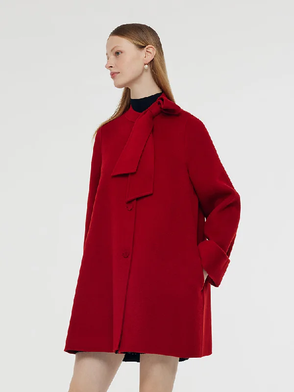 Peacoat – Classic wool double-breasted coatTencel Wool Women Coat With Detachable Bowknot