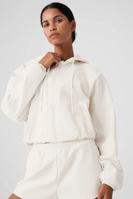 Button-down – With buttons, button closureFaux Leather Power Hour Full Zip Cropped Jacket - Ivory