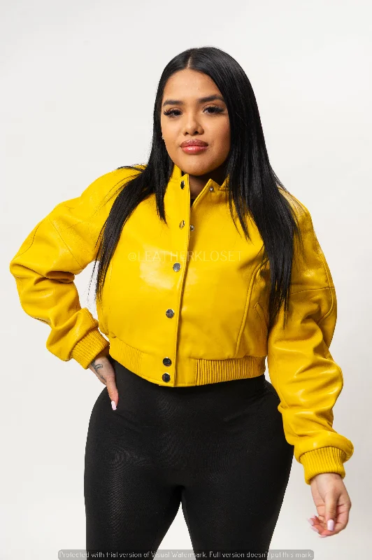 Windproof – Wind-resistantWomen's Crop Leather Varsity Jacket [Yellow]