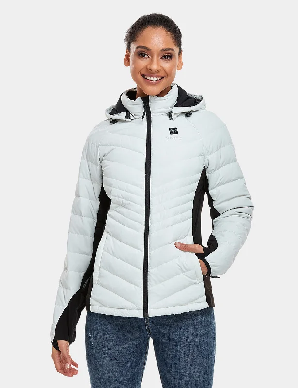 Reflective – Includes reflective elements for visibilityWomen's Heated Down Jacket - White/Black