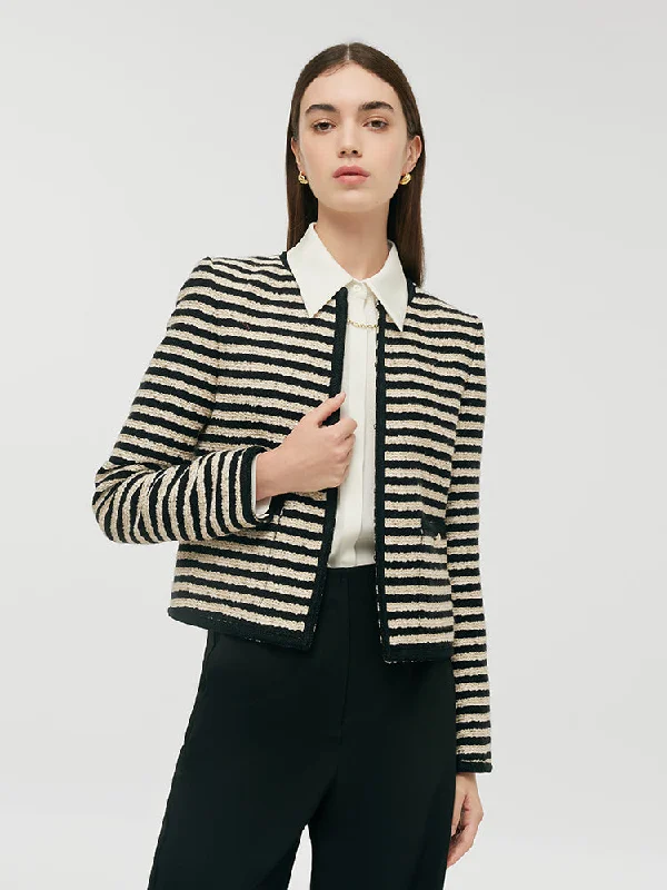 Hooded – With a hoodWool Blend Black And White Stripe Tweed Women Crop Jacket