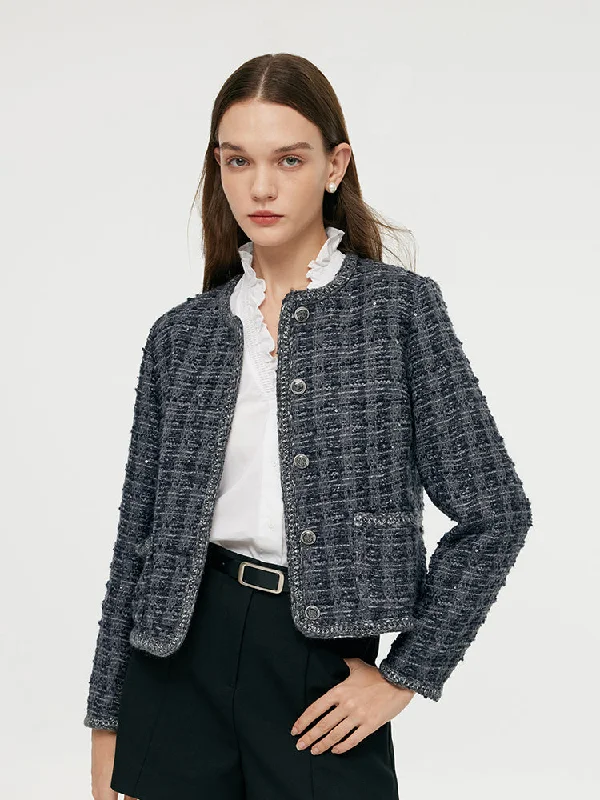 Reflective – Includes reflective elements for visibilityWool Blend Tweed Sequins Women Crop Jacket