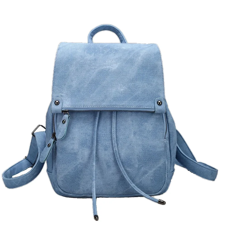 Chloe Butter Vegan Leather Flap Top Draw String Backpack Chambray Blue