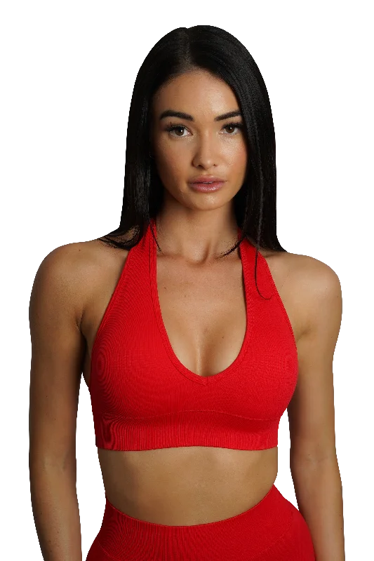 Yoga sports bra – Lightweight and comfortable sports bra designed specifically for yoga, offering gentle support.CORE HALTER BRA - RED