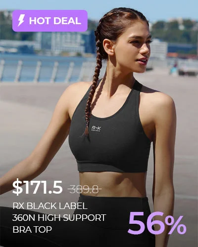 Activewear sports bra – Sports bra designed not only for performance but also for wearing as part of stylish athleisure outfits.RX Black Label 360N High Support Bra Top