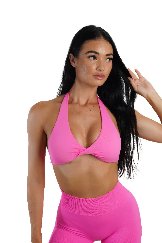 V-neck sports bra – Sports bra with a V-shaped neckline for a flattering and comfortable fit.Twist Halter Bra - Neon Pink