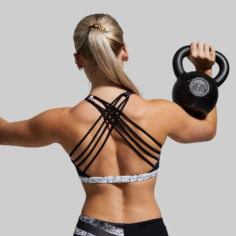 Criss-cross strap sports bra – Sports bra with straps that cross over at the back, providing extra support and a stylish look.Vitality Sports Bra (Thin Blue Line)